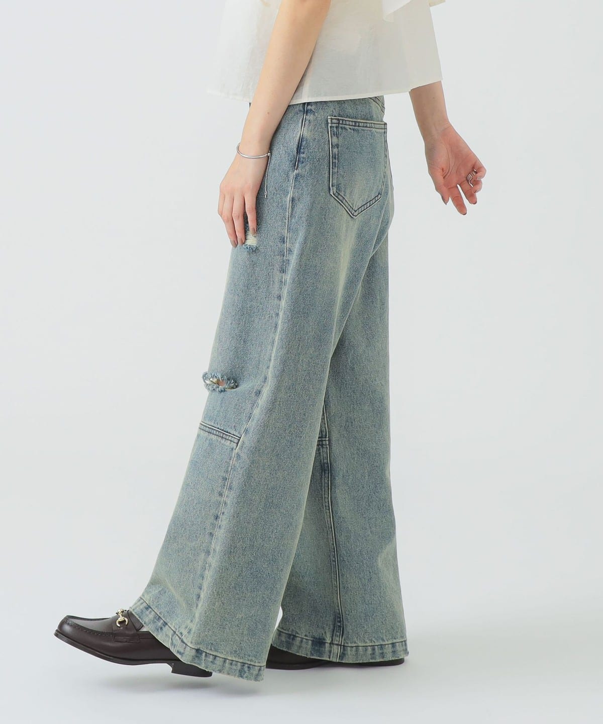 mici ダメージデニムパンツ デニムパンツ ロゴパッチ コットン ライトブルー ダメージ加工