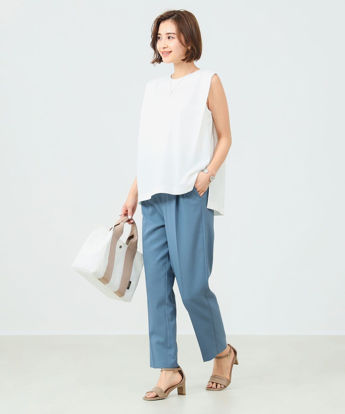 タック ブラウス × テーパードパンツ セット パンツ WOMEN WHITE×SAX M タック ブラウス × テーパードパンツ セット パンツ WOMEN WHITE×SAX M
