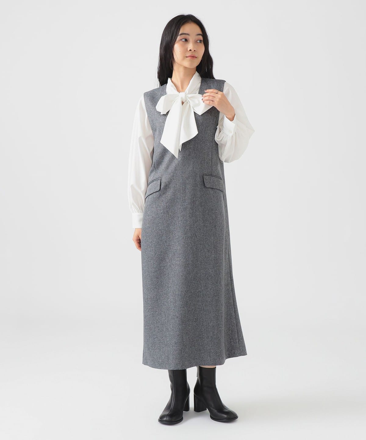 Vネック ジャンパー スカート(S M) ワンピース WOMEN GREY M Vネック ジャンパー スカート(S M) ワンピース WOMEN GREY M