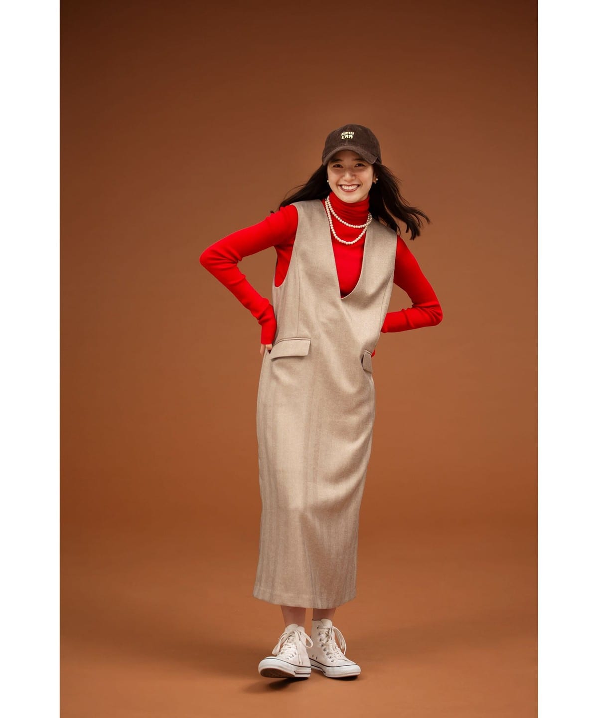 Vネック ジャンパー スカート ワンピース WOMEN BEIGE S Vネック ジャンパー スカート ワンピース WOMEN BEIGE S