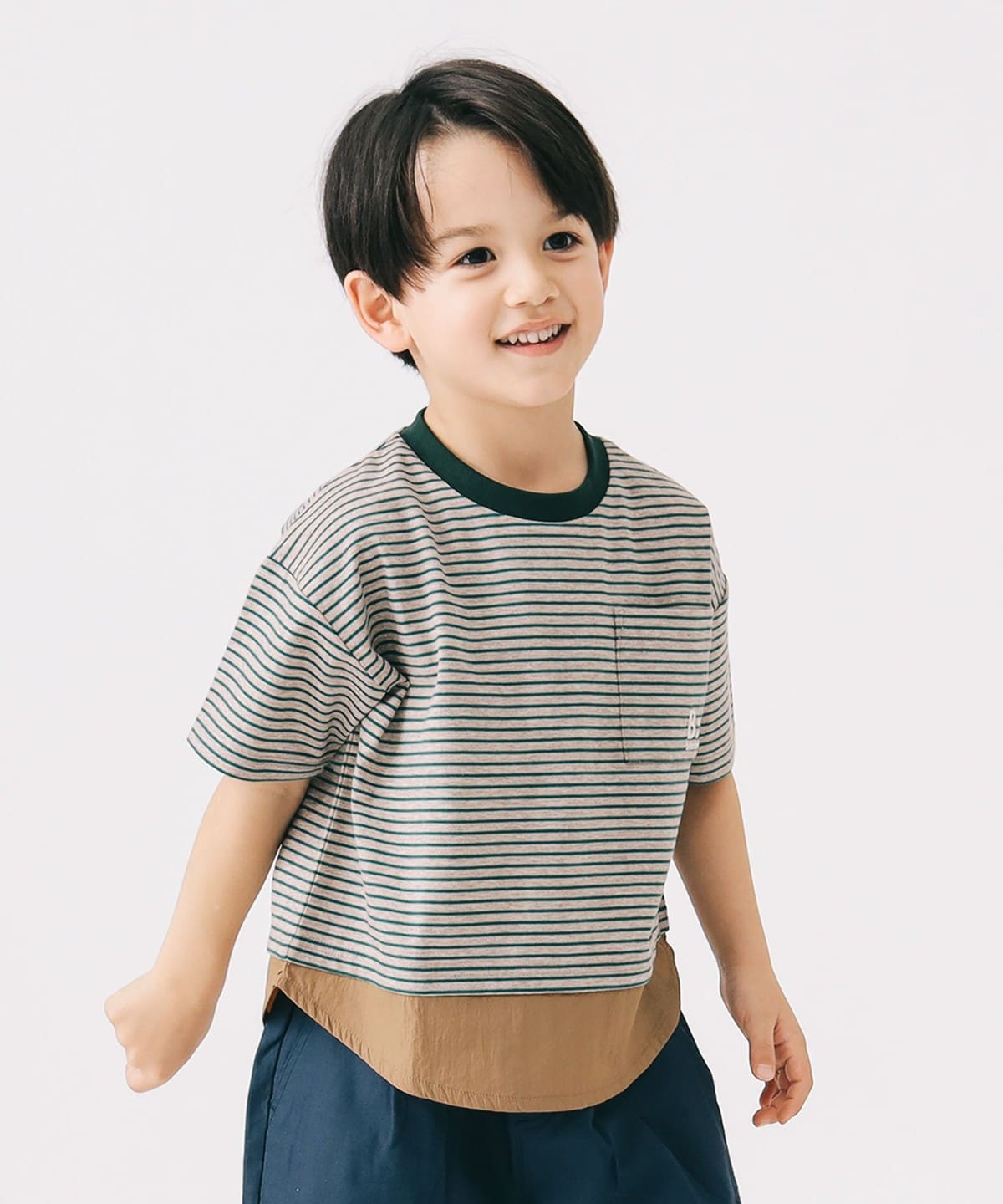 布帛コンビ ボーダー Tシャツ 2025SS(100 140cm) Tシャツ・カットソー MOCHA×GRN 130 布帛コンビ ボーダー Tシャツ 2025SS(100 140cm) Tシャツ・カットソー MOCHA×GRN 130