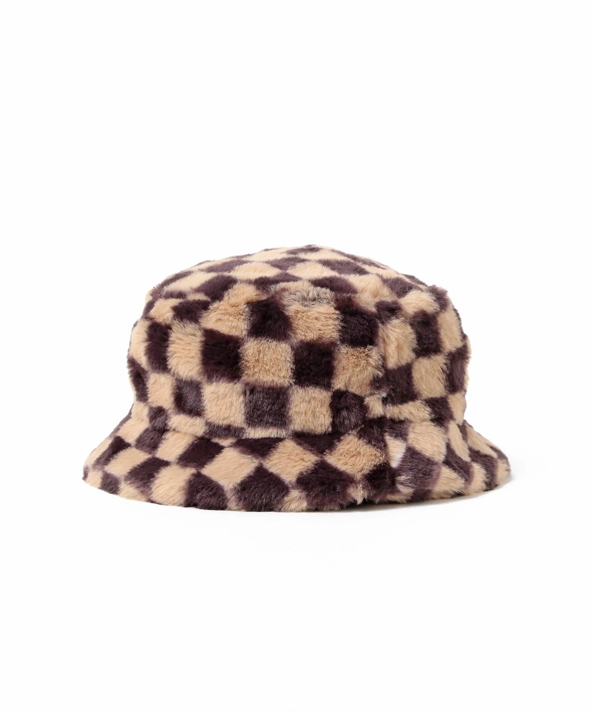チェッカー柄 ファー ハット 帽子 BROWN FREE チェッカー柄 ファー ハット 帽子 BROWN FREE