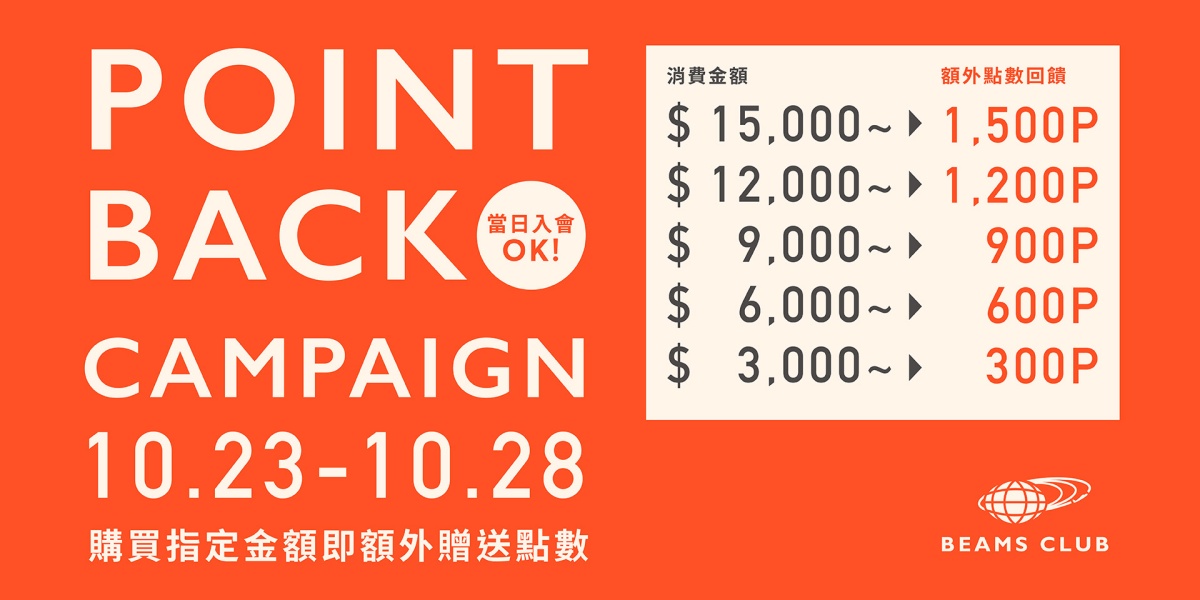 會員限定「POINT BACK CAMPAIGN」活動！單筆消費可最多額外獲得1,500點！